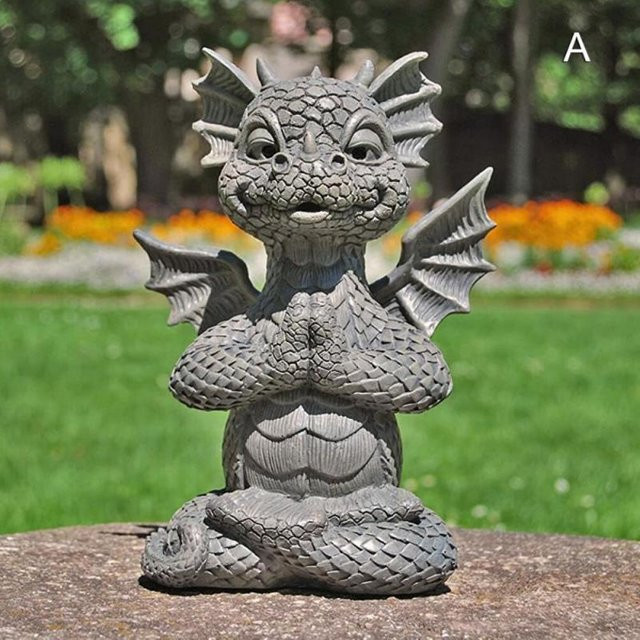 LED Gartenstatue Drache in Grau als Meditationsskulptur aus Kunstharz für die Außenhof-Dekoration - Bild 1