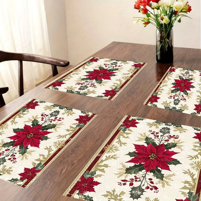 VIKAMA 4er Set Weihnachts Tischsets in Rot mit Schneeflocken und Stechpalmenblattmuster zur festlichen Tischdekoration - Bild 1
