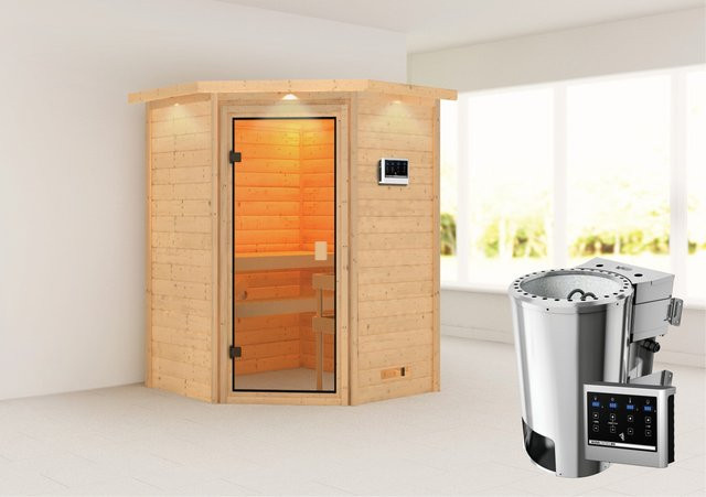 Karibu Massivholzsauna Antonia Bio-Kombisauna aus Fichte mit Dachkranz und LED-Steuergerät in Natur, B/T/H: 145 x 145 x 187 cm - Bild 1