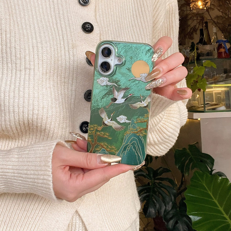 TROPLET Handyhülle im chinesischen Stil mit Kranich und Quaste für iPhone 17 16 15 14 13 Pro Max, Farbe: Grün - Bild 2