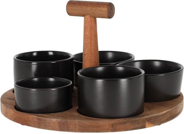 Jens Living Bits & Bites Bo Serviertablett aus Akazienholz in Braun mit 5 schwarzen Keramikschalen - Bild 1
