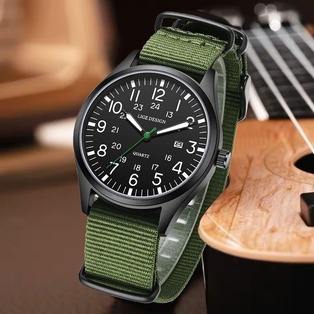 LIGE Armbanduhr Quarz, Textil/NATO, Schwarz, Herren, Datum, Leuchtzeiger - Bild 1