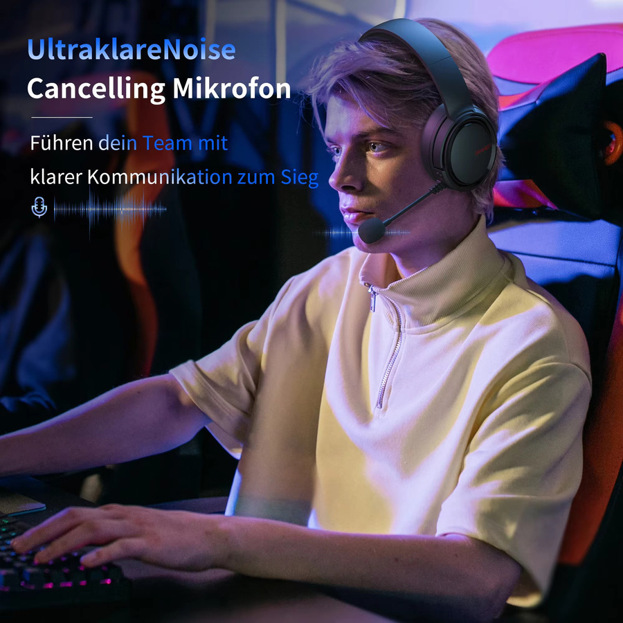 BINNUNE kabelloses Gaming-Headset mit 2,4 GHz und Bluetooth 5.2, USB-C Gamer-Kopfhörer mit geräuschunterdrückendem Mikrofon für PS5, PS4, PC und Nintendo Switch, Schwarz/Lila - Bild 3
