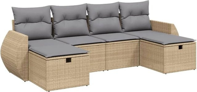 vidaXL 6-tlg Garten-Sofagarnitur L-Form in Beige und Grau aus Poly-Rattan mit Kissen und Ottoman - Bild 1