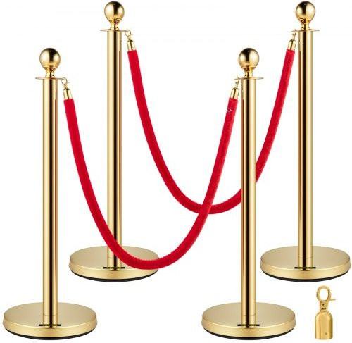 VEVOR Absperrpfosten Set aus Edelstahl mit roten Samtseilen und goldenen Kugelkopf-Ständern, 4er Packung - Bild 1