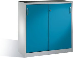 C+P Werkzeug-Beistellschrank mit Schiebetüren und 2 Regalböden, Korpus Lichtgrau, Front Lichtblau, H: 120 cm, B: 120 cm, T: 40 cm - Bild 1