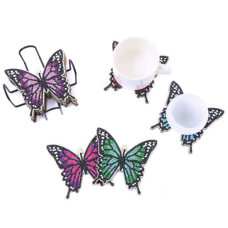 10er Set DIY Diamantmalerei Untersetzer mit Schmetterlings-Motiv aus Holz und Kristall-Strass in Mehrfarbig inklusive Halterung - Bild 4