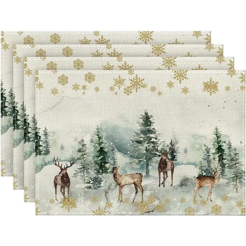 VIKAMA 4er Set Weihnachts-Tischsets mit Hirsch-Wald-Motiv, wasserdicht und wärmeisolierend, Mehrfarbig, B: 45,0 cm, T: 30,0 cm - Bild 3