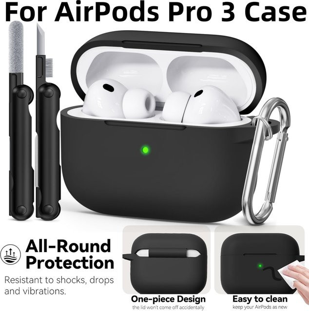 Apple AirPods Pro 3 Schutzhülle aus weichem Silikon mit Reinigungsset und Schlüsselanhänger in Schwarz oder Transparent - Bild 1