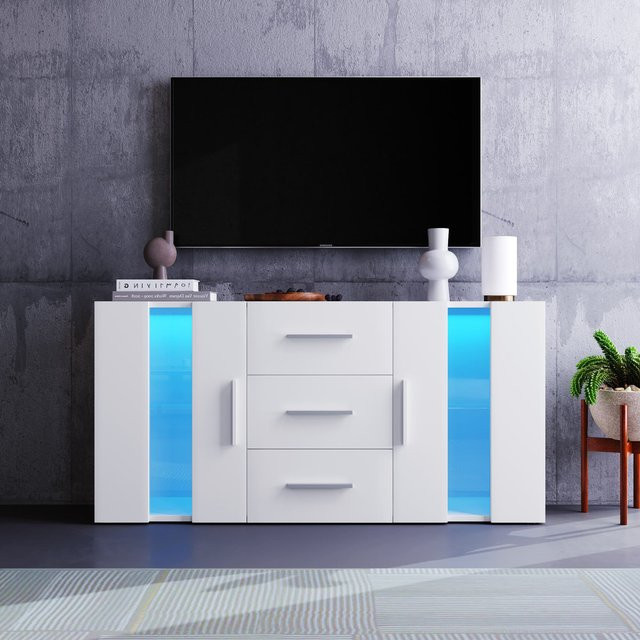 Modernes Sideboard Aosom mit LED-Beleuchtung in Weiß, 3 Schubladen und 2 Schränken, B/T/H: 140 x 35 x 72 cm - Bild 1