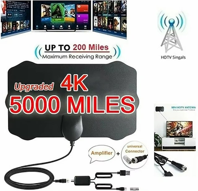 Mrgabwte 4K UHD Digitale TV Antenne mit High-Gain Booster und flachem Design in Schwarz - Bild 1