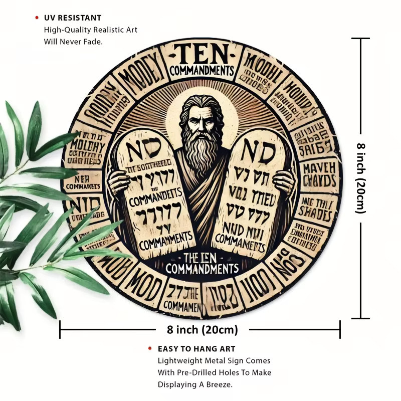 Potdemiel Rundes Metall-Wandbild Vintage Zehn Gebote Moses Stein Bibel Deko Durchmesser: 20 cm - Bild 2