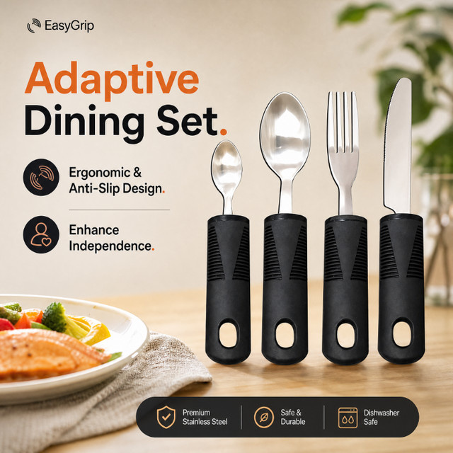EasyGrip Besteckset aus Edelstahl mit rutschfestem Gummi-Kunststoffgriff in Schwarz für Senioren - Bild 1