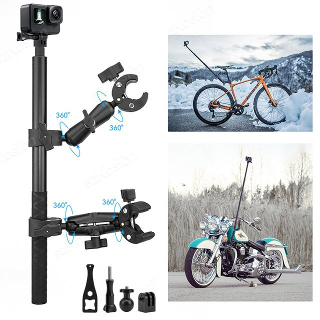 SZKOSTON Doppel Kopf Kamera Clamp Mount Adapter in Schwarz für GoPro und DJI Action 5 Pro sowie Action Kameras zur Montage an Motorradhalterungen oder Selfie Sticks - Bild 1