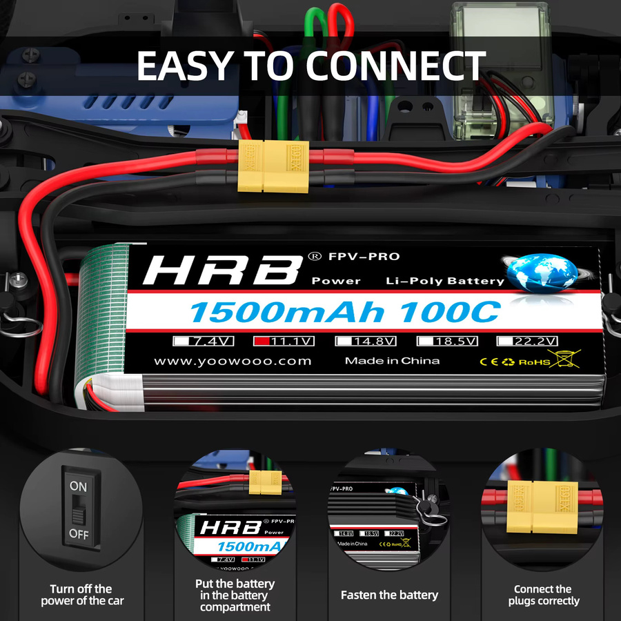 HRB LiPo Akku 11,1 V 3S 1500mAh mit XT60 Stecker für RC FPV Flugzeuge, Drohnen, Racing Boote und Autos - Bild 6