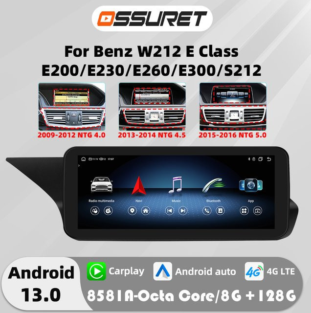 OSSURET Android 13 Autoradio für Mercedes Benz W212 E-Klasse NTG 4.0 4.5 5.0 E200 E230 E260 E300 S212 Multimedia-Player mit 10,25 Zoll Display, 4G und Carplay in Schwarz - Bild 1