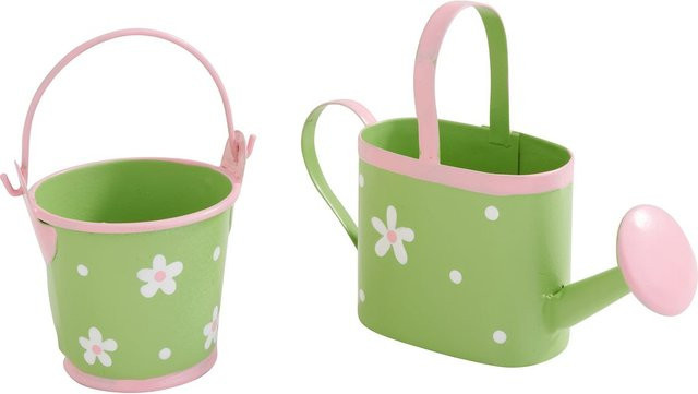 VBS Mini-Gießkanne und Eimer Set mit Blumen- und Punktmuster in Grün und Rosa aus Zink für den Tisch - Bild 1