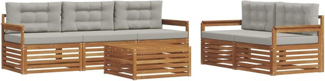 vidaXL Outdoor-Sofagarnitur 6-teilig aus Akazienholz mit Kissen in Natur und Hellgrau - Bild 1