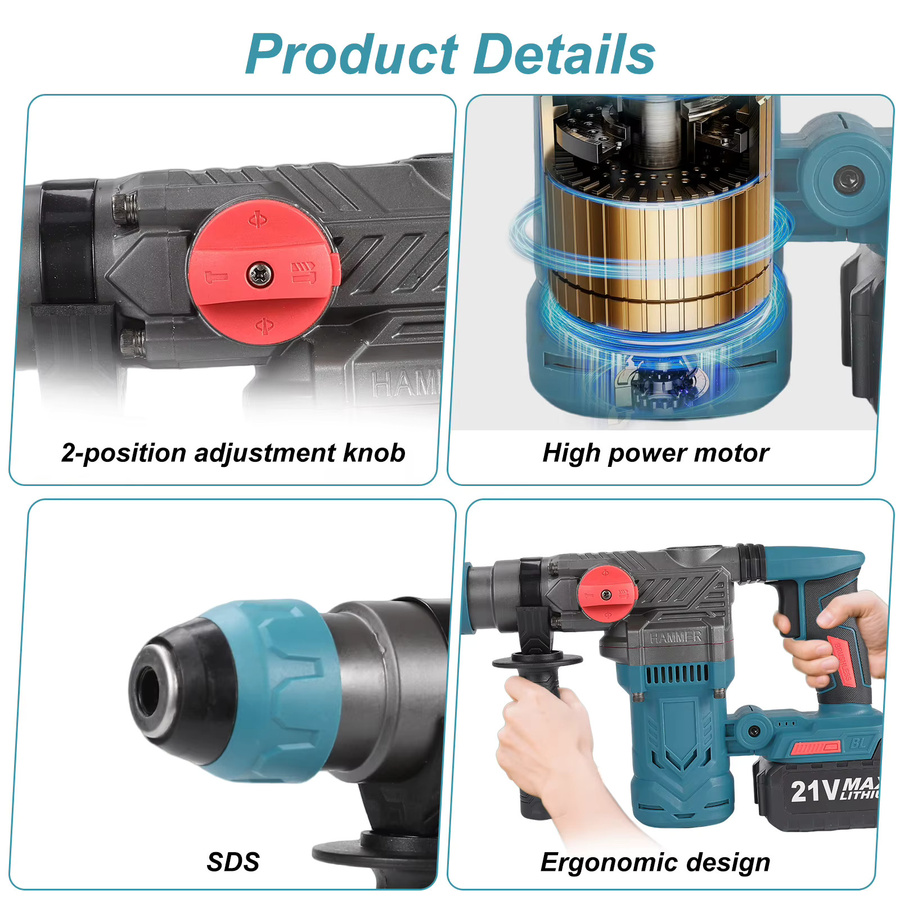 Multifunktionaler bürstenloser Akku-Bohrhammer mit 2200W und Meißel-Funktion, kompatibel mit Makita LXT Akkus, Blau - Bild 6