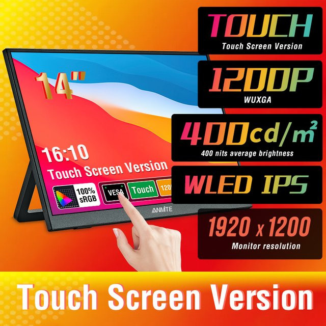 Anmite 14 Zoll Tragbarer Touch-Monitor in Schwarz mit 16:10 Format und 400 cd/m2 für Gaming und Laptop - Bild 1