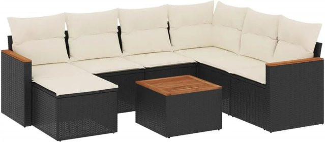 vidaXL 8-tlg Garten-Sofagarnitur in L-Form aus Poly-Rattan und pulverbeschichtetem Stahl mit Kissen in Schwarz und Cremeweiß - Bild 1