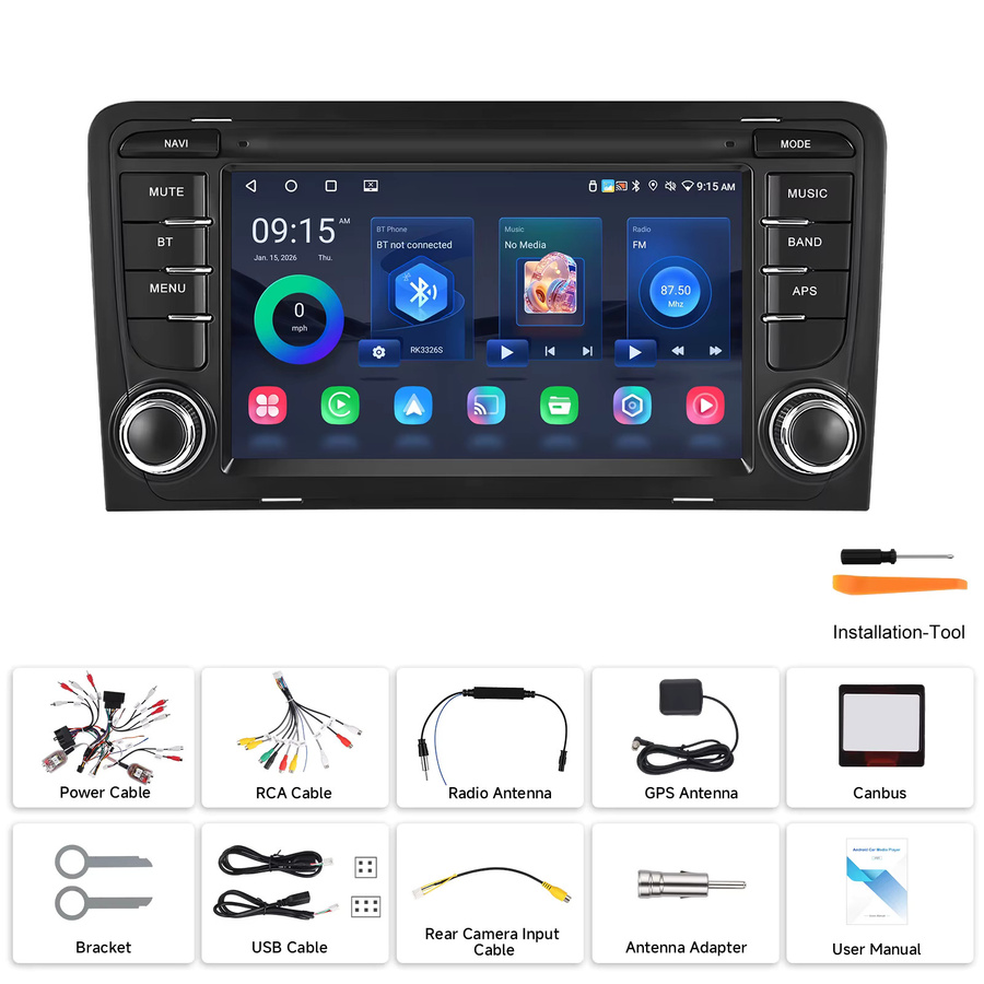 Podofo 7 Zoll 2 Din Autoradio mit Wireless CarPlay, 2+64G Speicher, WiFi, GPS und AI DSP für Audi A3 S3 in Schwarz - Bild 3