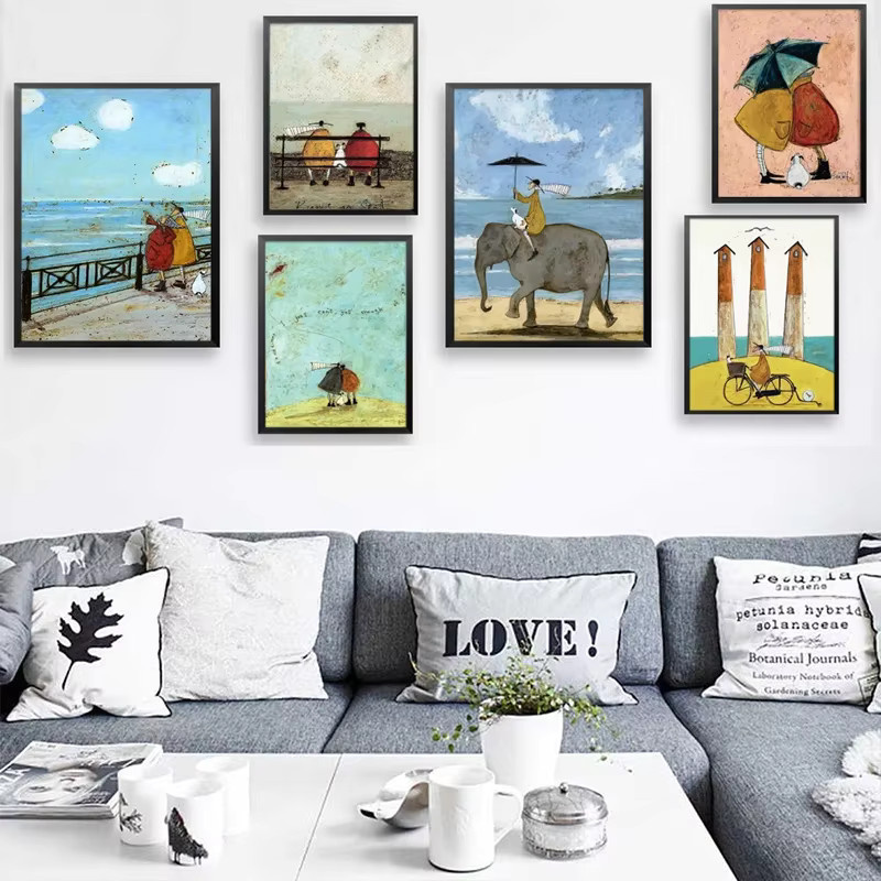 Potdemiel Leinwandgemälde im Vintage-Stil mit abstraktem Familien-Motiv und Tieren, mehrfarbiges Wandbild im skandinavischen Design für deine Heimdekoration - Bild 2