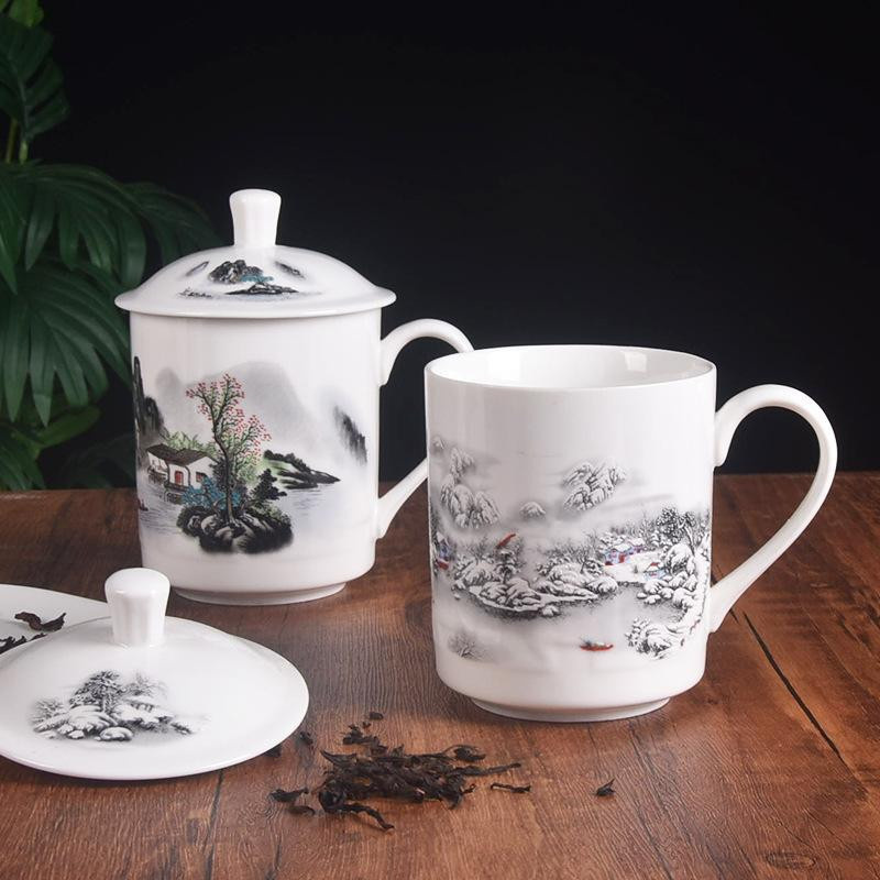 Baifenbai Home Furnishing Jingdezhen Bone China Teetasse mit Deckel und Beschriftung, Keramiktasse in Weiß, 500 ml - Bild 2