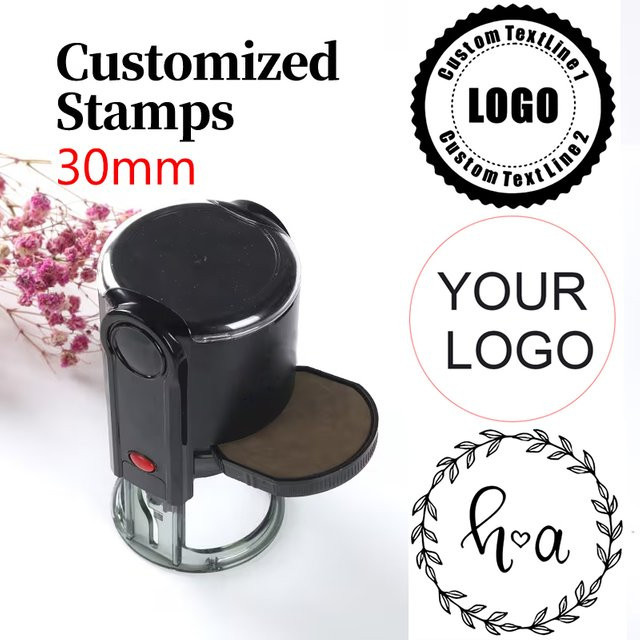 Personalisierbarer runder Selbstfärbender Stempel mit individuellem Logo in Schwarz, Durchmesser: 30 mm - Bild 1