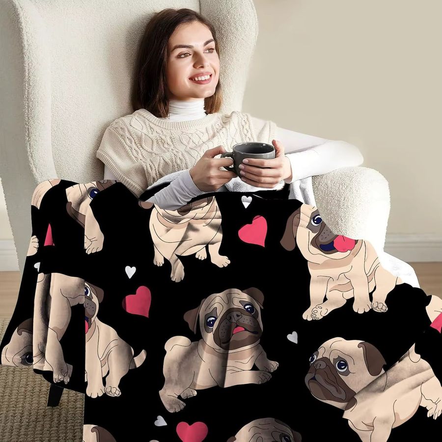 VIKAMA Kuschelige Decke mit Mops-Aufdruck, weiche Sofadecke und Bürodecke, waschbar - Bild 4