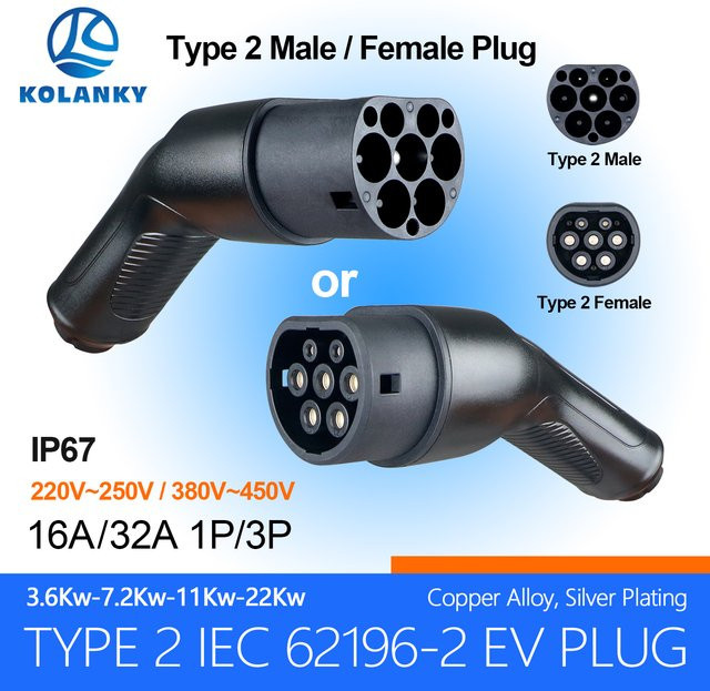 KOLANKY Typ 2 EV-Ladegerät-Stecker-Adapter IEC 62196 in Schwarz für Ladestationen und Elektrofahrzeuge (16/32 A, 3,6/7,2/11/22 kW) - Bild 1