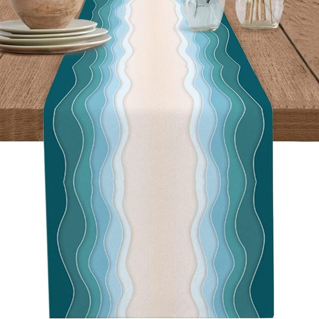 JINGYUE Pet Tischläufer aus Leinen mit abstraktem Ombre-Design in Braun und Blau, B/H: 150 x 33 cm - Bild 1