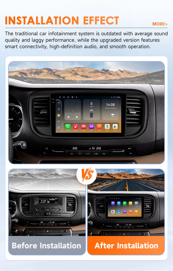 OSSURET Android 14 Multimedia-Autoradio mit Qualcomm 6115 8-Kern-Prozessor für Peugeot Expert 3 und Citroen Jumpy 3 SpaceTourer 2016-2021, Schwarz, optional mit 360 Grad Panorama AHD Kamera, SWC und DSP - Bild 3