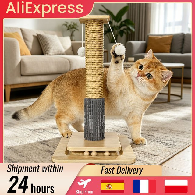 HGTUGO Katzenspielzeug aus Massivholz mit interaktiven Hängebällen und Sisal-Kratzboard in Braun und Beige - Bild 1