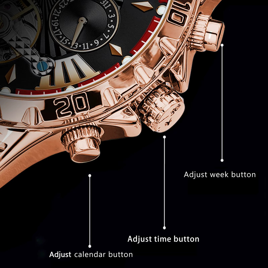 POEDAGAR Armbanduhr Automatik, Lederarmband, Roségold, Herren - Bild 5