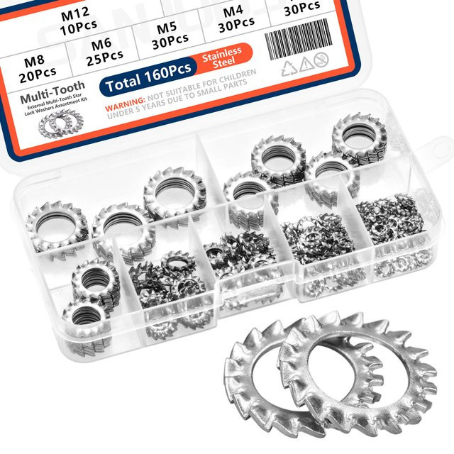 SANJODS 160-teiliges Set externe Stern-Sicherungsringe aus Edelstahl in Silber, 7 Größen M3 bis M12 - Bild 1