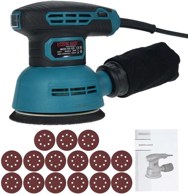KONNWEI 5-Zoll Exzenterschleifer in Blau mit 12000 U/min und 6 variablen Geschwindigkeiten inklusive 15 Schleifpapier - Bild 1