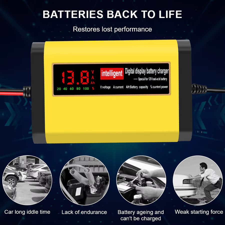 Intelligentes Autobatterie-Ladegerät mit 2 A, vollautomatisches Ladegerät in 3 Stufen für Blei-Säure, AGM und GEL Batterien, Gelb - Bild 3