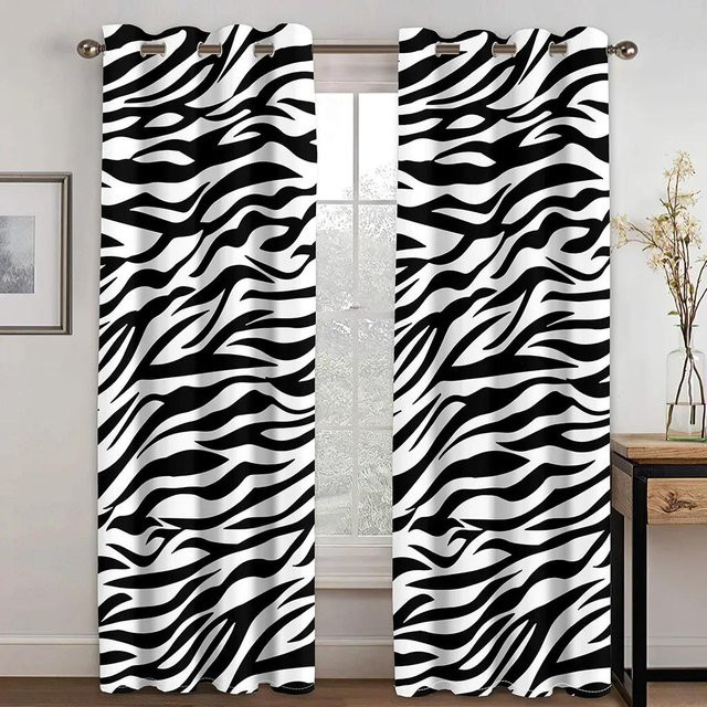 Zebra-Muster Vorhangset mit 3D-Digitaldruck in Schwarz-Weiß und Hellgrün, 2 Paneele aus Polyester, semi-transparent, mit Ösen, B: 50 cm, H: 160 cm - Bild 1