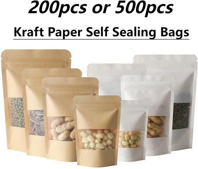 Großverpackung Kraftpapier Mylar-Beutel mit Sichtfenster und Reißverschluss für Kaffee und Süßigkeiten, Braun und Weiß - Bild 1