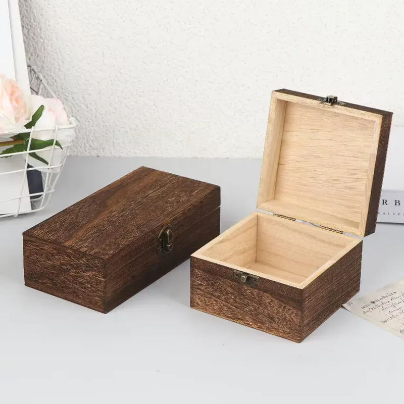 Velishy Vintage Holzkiste mit Deckel und Scharnier, quadratische Aufbewahrungsbox aus Holz für Schmuck und Bastelarbeiten - Bild 2