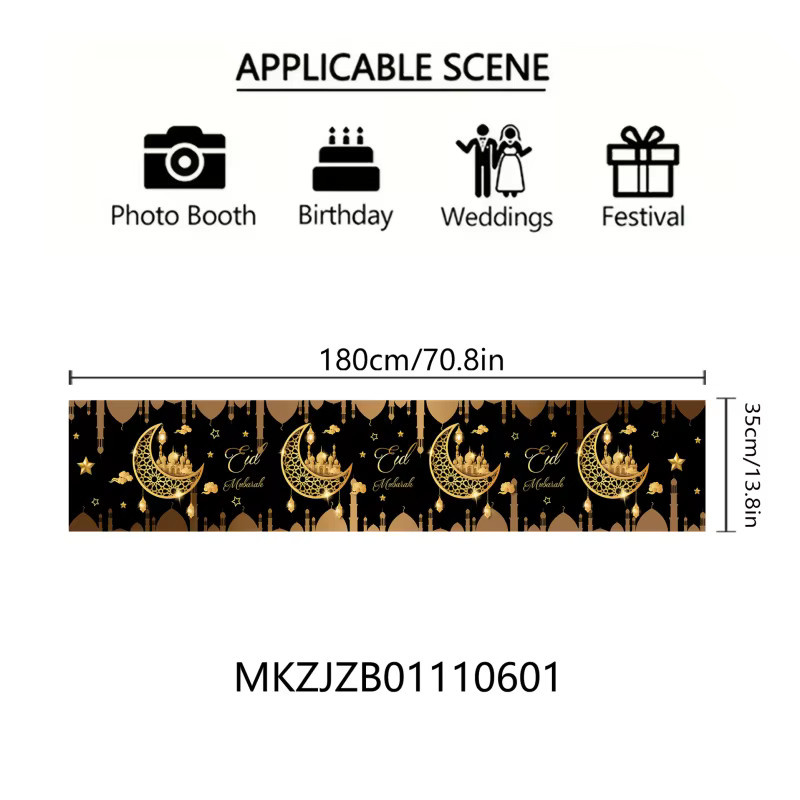 VIKAMA Tischläufer aus Leinen in Schwarz-Gold mit orientalischem Design für Ramadan und festliche Anlässe, B/H: 90 x 33 cm - Bild 2