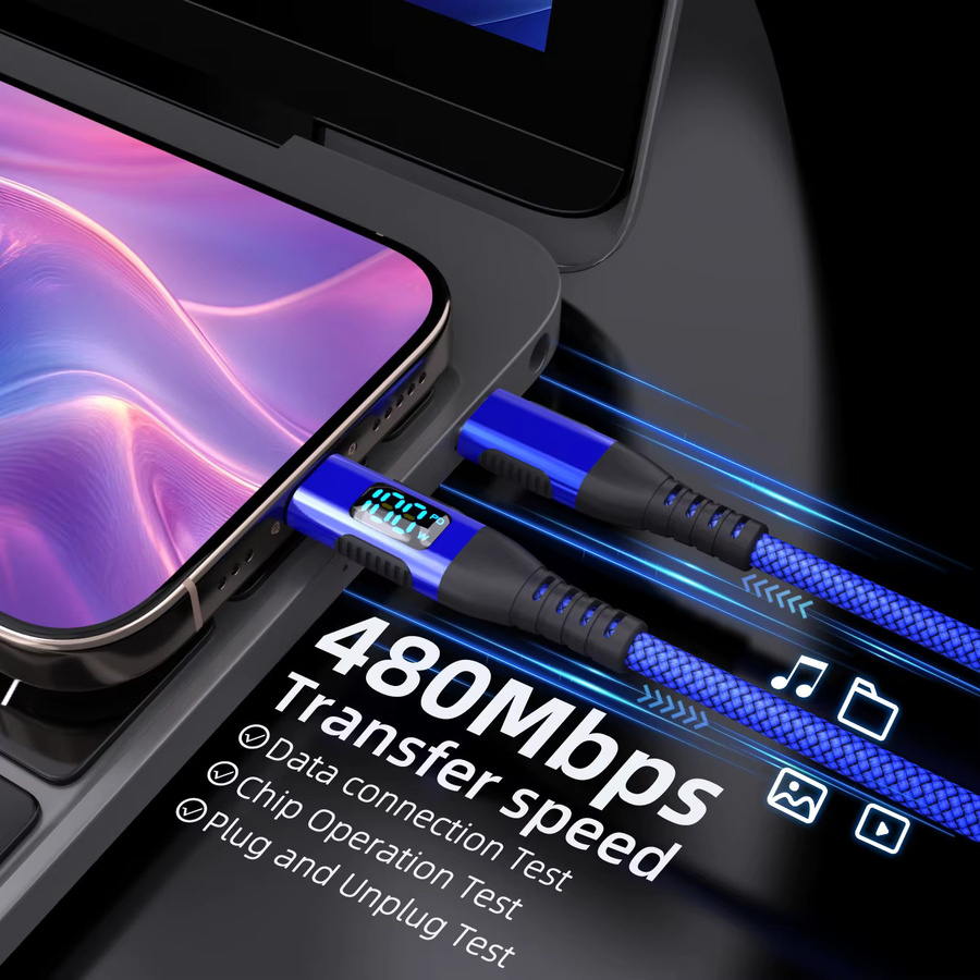 LAIHONEN USB-C auf Typ-C Kabel mit LED-Anzeige in Blau, 100W Schnellladekabel aus Nylon-Geflecht für iPhone 15 16 - Bild 3