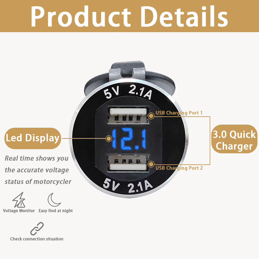 Motorrad USB-Ladegerät mit Voltmeter für BMW, Dual USB-A und USB-C QC3.0 Ladestation, DIN-Adapter-Steckdose in Schwarz, wasserdicht und Plug-and-Play - Bild 5