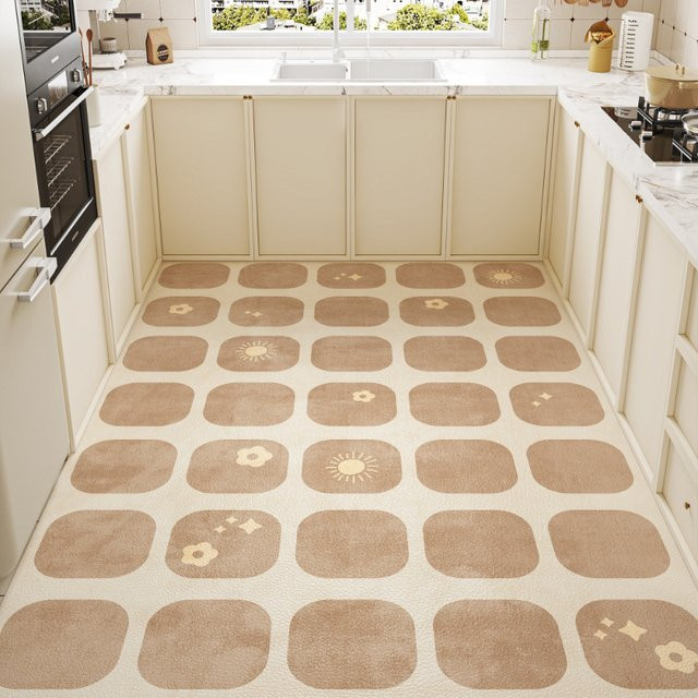 Facaishu Küchenteppich in Beige, rutschfeste und wasserdichte Bodenmatte im Karomuster für die Küche - Bild 1
