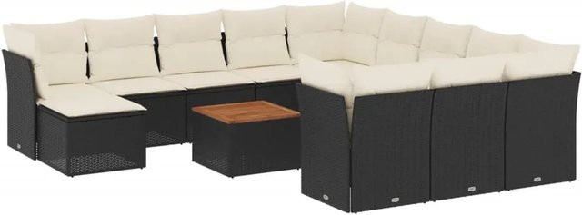 vidaXL 13-tlg Garten-Sofagarnitur in U-Form aus Polyrattan und Akazienholz mit Kissen in Schwarz-Creme - Bild 1