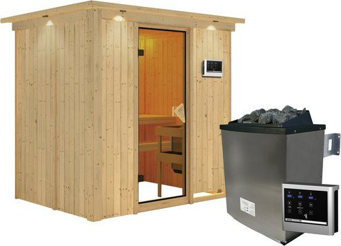 Karibu Sauna Kothla aus Fichtenholz mit 9 kW Saunaofen und externer Steuerung für 3 Personen, beige, B/T/H: 210 x 165 x 202 cm - Bild 1