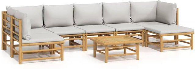 vidaXL 8-teiliges Garten-Lounge-Set aus Bambus mit Kissen in Hellgrau, L-Form mit Eckelement, Ottoman und Couchtisch - Bild 1