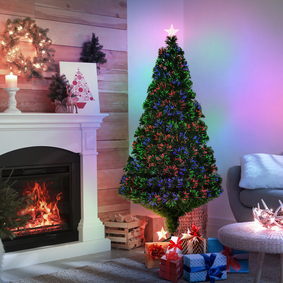 HOMCOM Künstlicher Weihnachtsbaum mit LED Lichtfaser und Metallständer, Grün, Höhe: 150 cm, Durchmesser: 60 cm - Bild 2