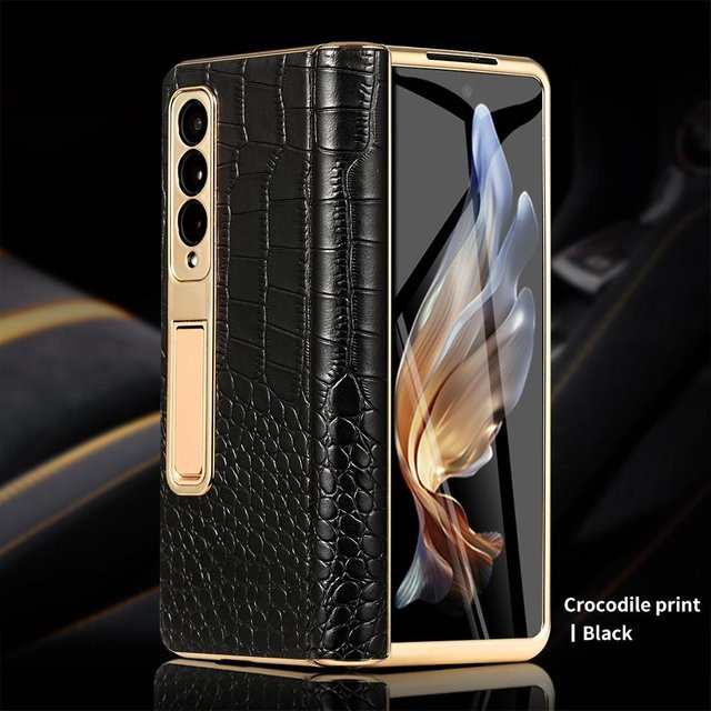 Leder-Telefonhülle für Samsung Galaxy Z Fold 6 5 4 3 mit magnetischem Scharnierständer und Spiegelfolie in Gold oder Schwarz - Bild 1